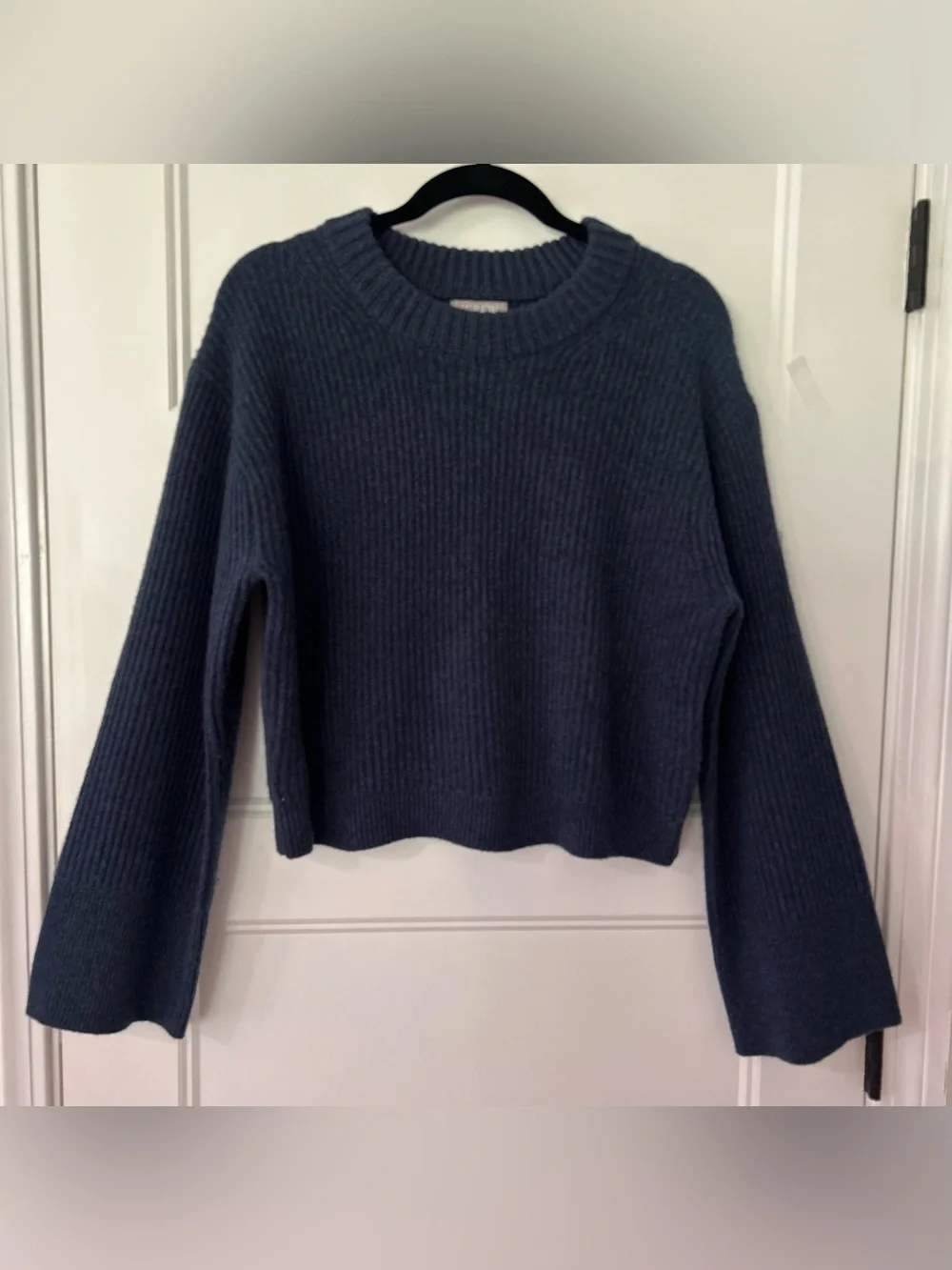 J.Crew 100% Cashmere Rib Knit Cropped Sweater Blue Bell Sleeve M Boxy Cozy Soft